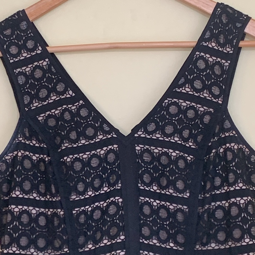 Loft | Black Tan Lace Embroideree V-Neck Sleeveless Fit & Flare Pleated Dress 2P - Picture 5 of 17